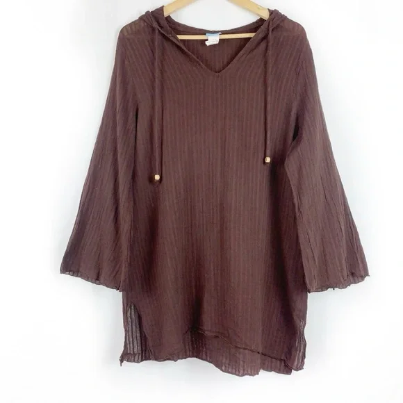 Dotti Brown Boho Gauzy Cotton Hooded Tunic Top Lagenlook - Picture 1 of 6